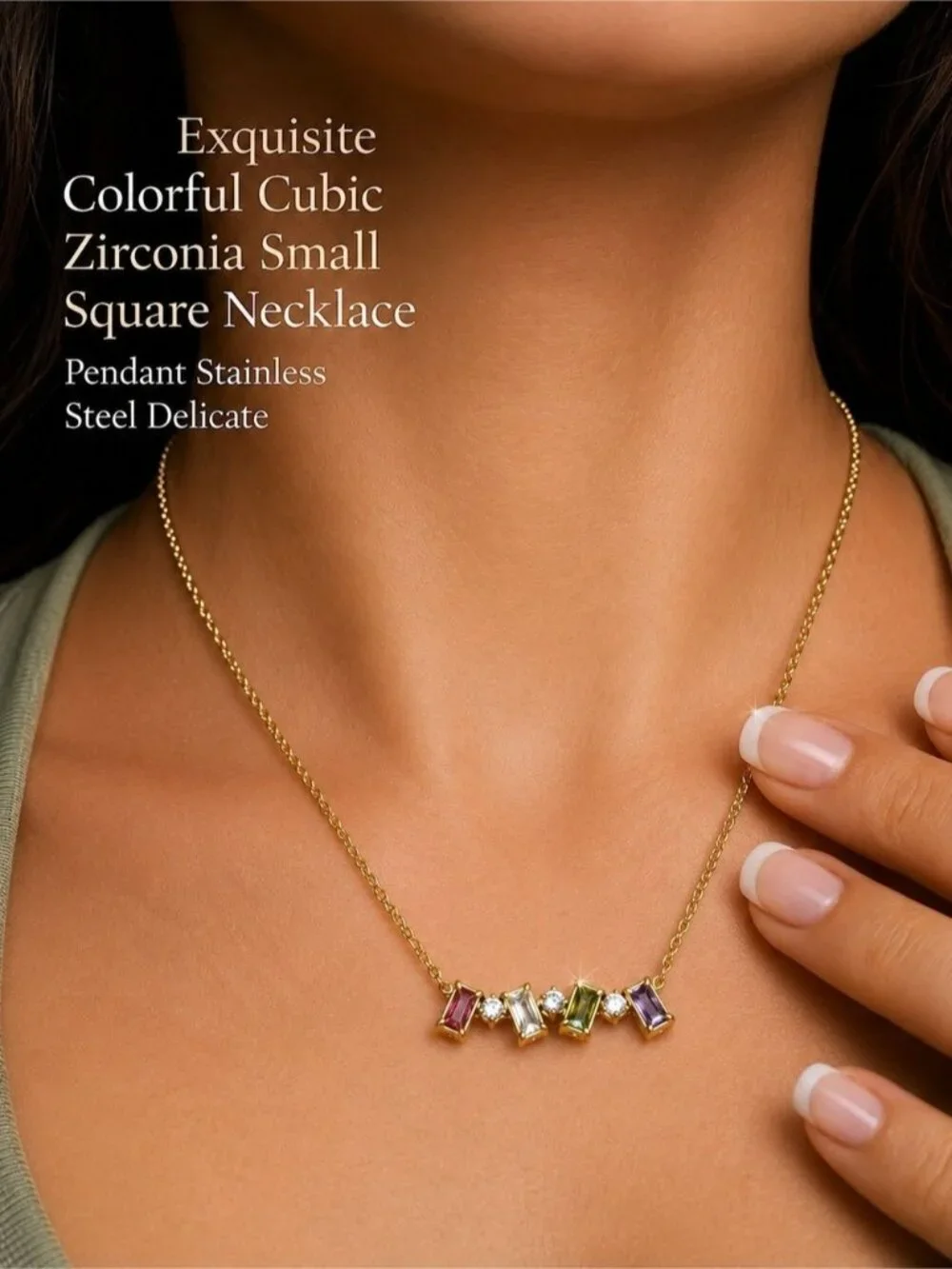 Gold Necklace with Multicolor Square Gemstones